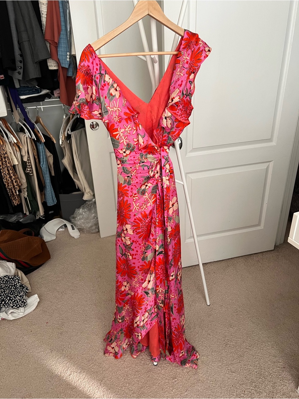 Sezane Pink and Red Floral Wrap Maxi Dress